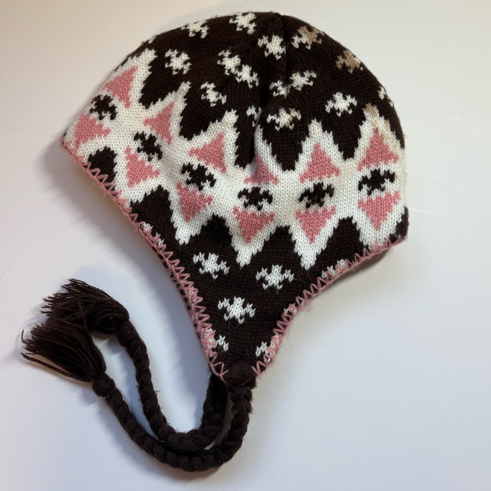 Burton Knit Beanie Tuque Women’s OS Pink Brown White Ear Flap Tassel Winter